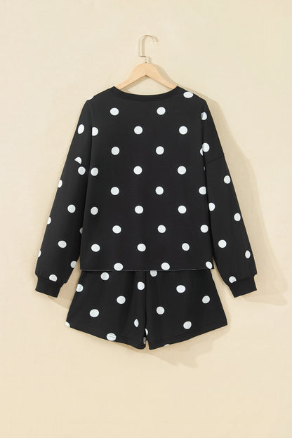 Black Polka Dot Raw Hem Relaxed Pullover Loose Skort Two Piece Set