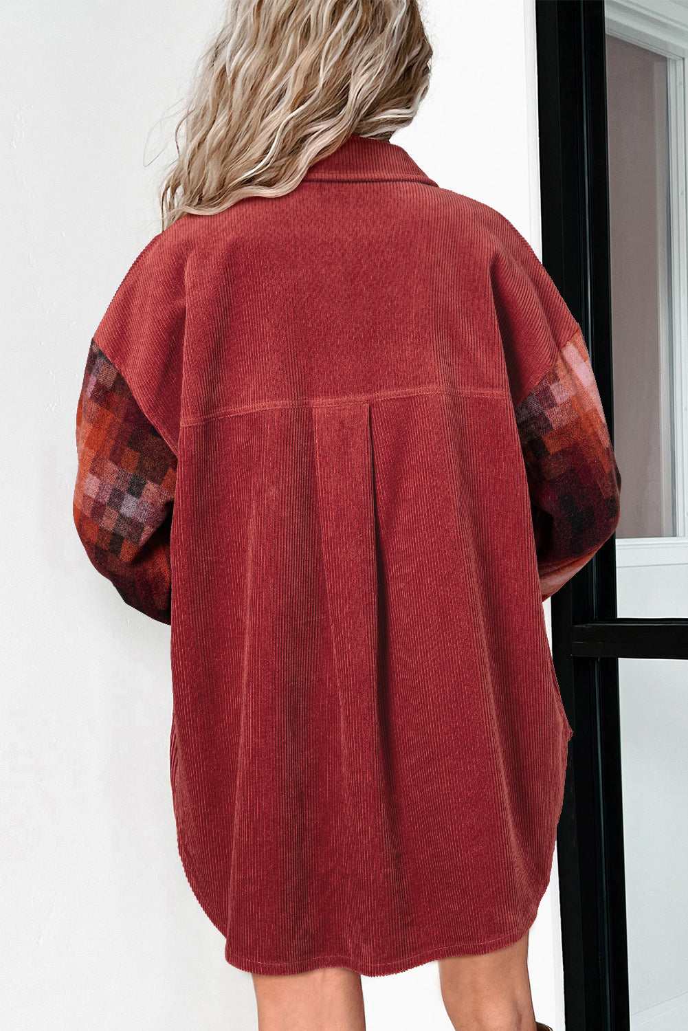 Veste oversize en velours côtelé à bords bruts et patchwork de carreaux dorés