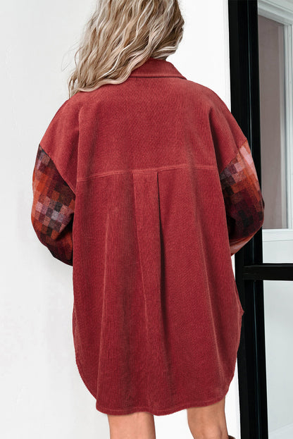 Veste oversize en velours côtelé à bords bruts et patchwork de carreaux dorés