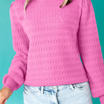 Bright Pink Trendy Pattern Knit Ribbed Cuffs Crew Neck Sweater