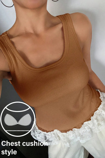 Coffee Ribbed Knit Sweet Lace Hem Vest