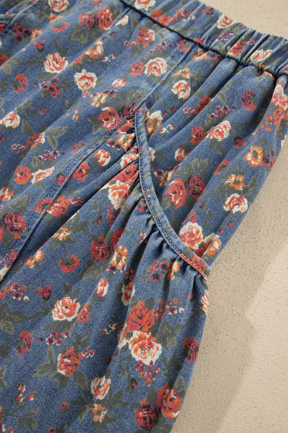 Beau Blue Retro Floral Print Elastic Waist Pocketed Barrel Jeans
