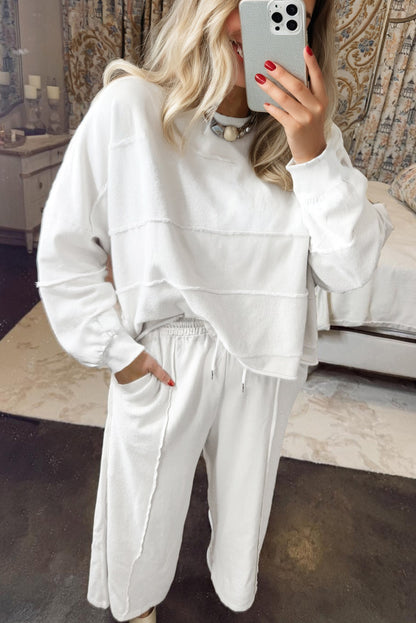 White Textured Raw Seam Plus Size Pullover Top and Drawstring Pants Set