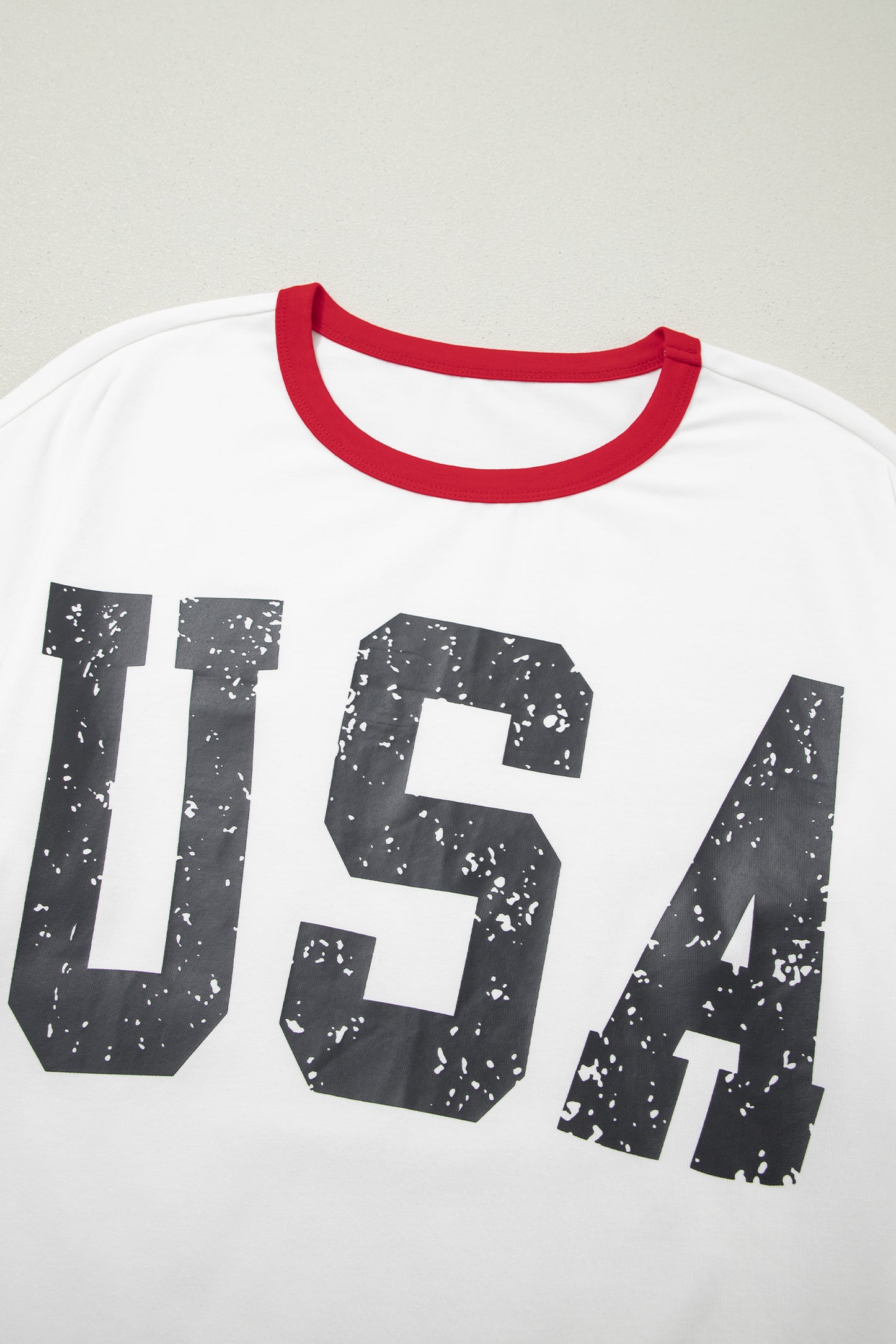 White USA Letter Printed Varsity Striped Sleeve Round Neck Tee