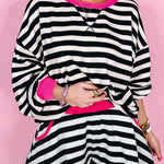 Black Stripe Contrast Ribbed Banding Long Sleeve Blouse Loose Shorts Set