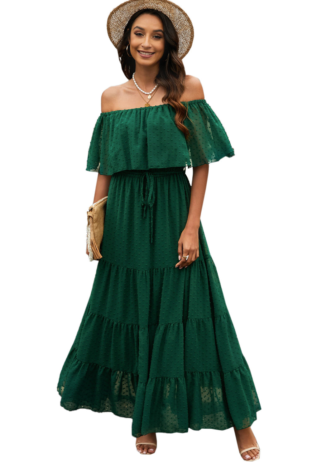 Yellow Yellow Off Shoulder Ruffle Swiss Dot Maxi Dress