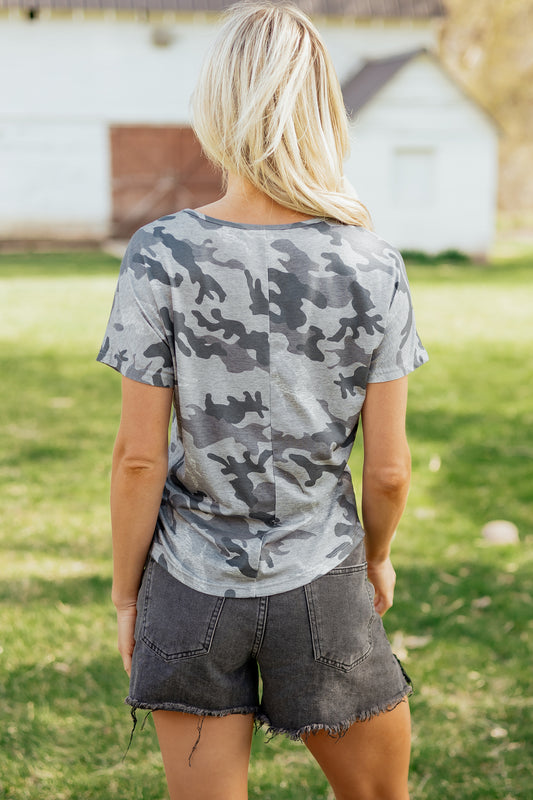 Gray Camouflage Print Round Neck T Shirt