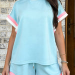Mist Blue Striped Trim Casual Tee Drawstring Shorts 2pcs Set