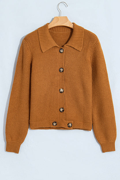 Mustard Ribbed Knit Collar Button Front Long Sleeve Cardigan
