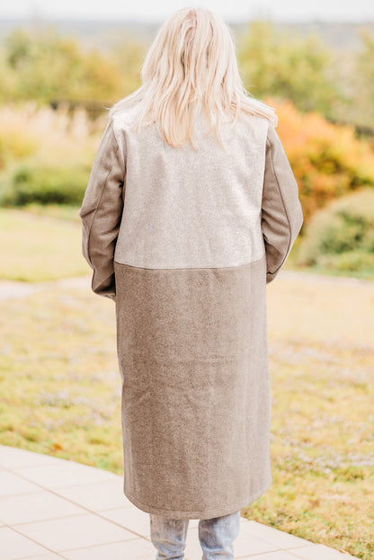 Manteau long kaki grande taille à col à revers et blocs de couleurs 