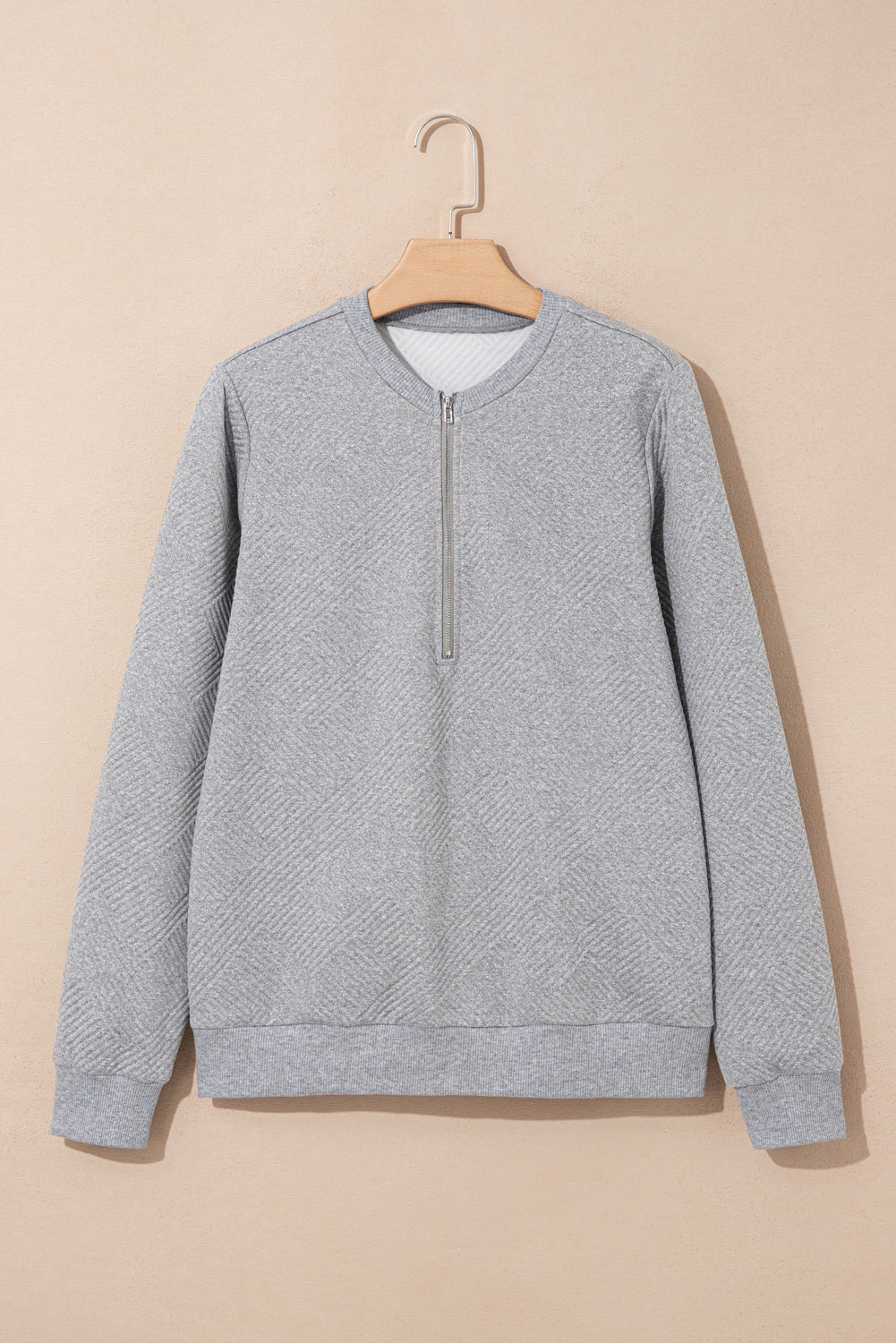 Medium Grey Trendy Textured Half Zip Loose Sweatshirt
