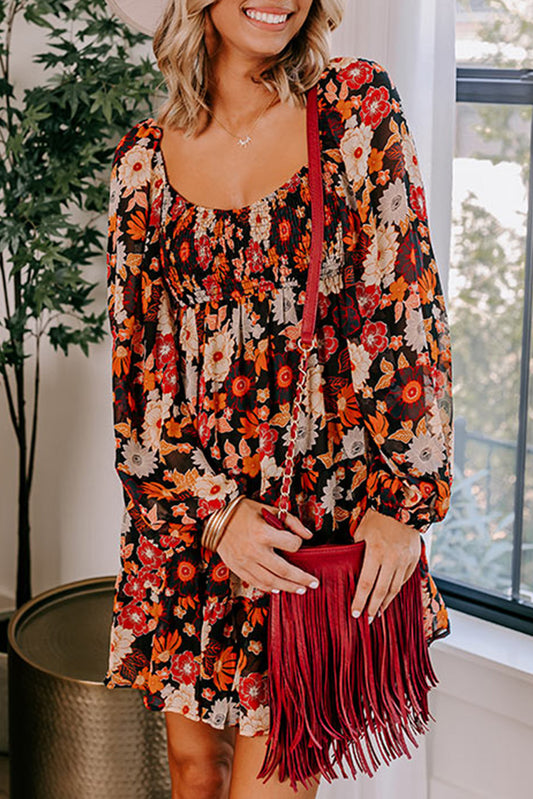 Vestido floral de manga larga con cintura alta y fruncido multicolor 