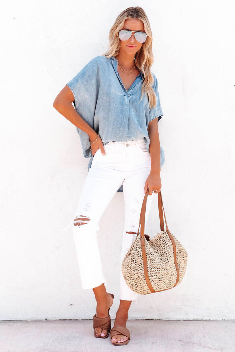 Split V Neck Oversized Denim Blouse