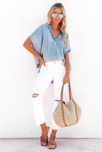 Split V Neck Oversized Denim Blouse