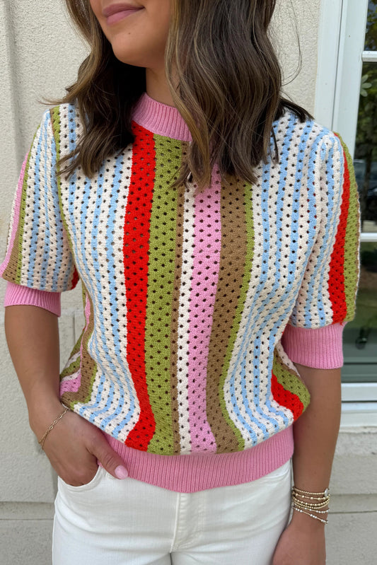 Multicolour Striped Pointelle Knit Short Sleeve Sweater