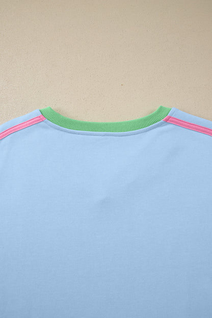 Sky Blue Ribbed Colorblock Trim V Neck Sporty Pullover Mini Skort 2pcs Athleisure Set