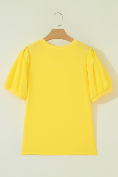 Yellow Solid Color V Neck Short Puff Sleeve Blouse
