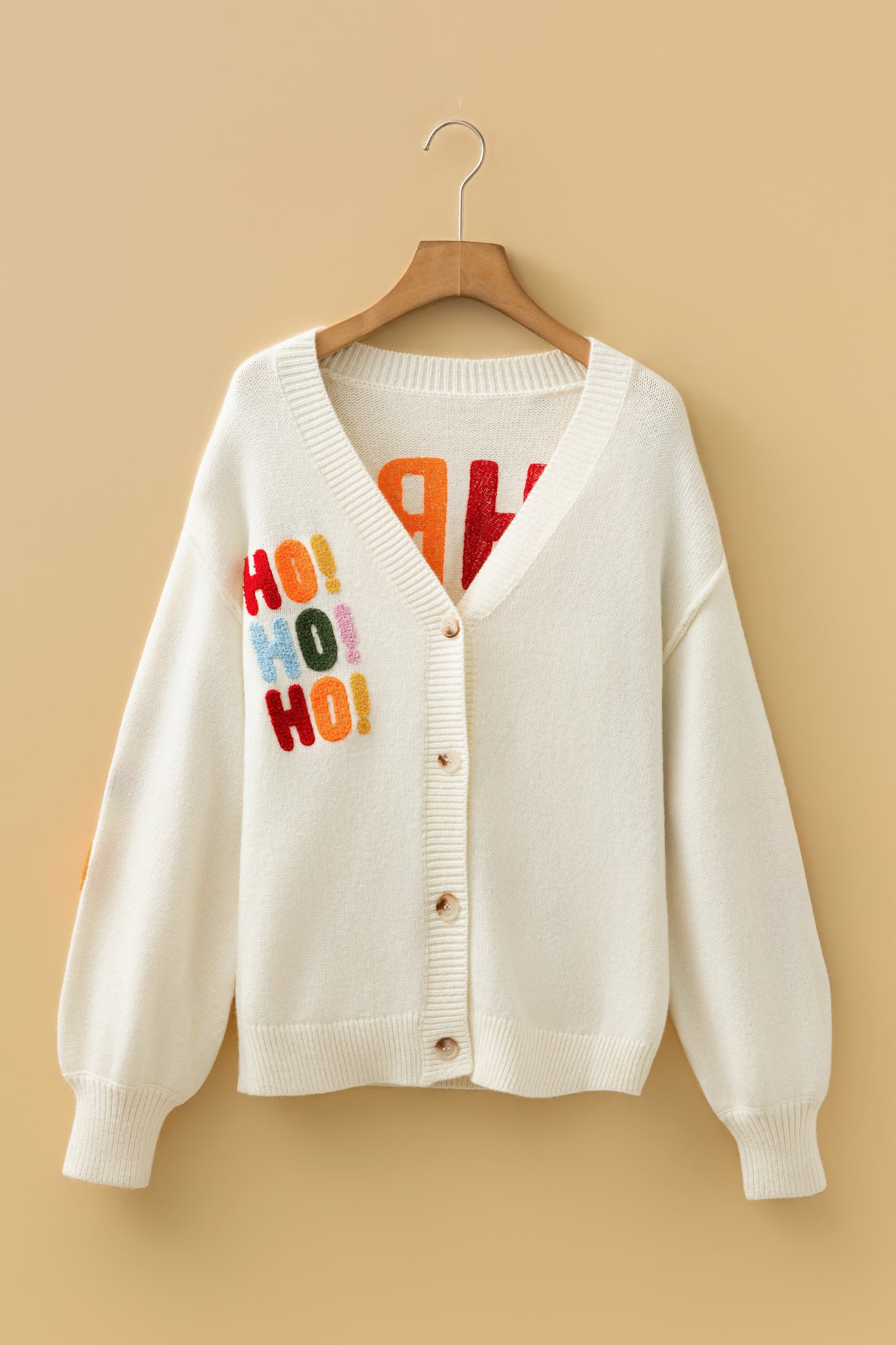 White Ho Ho Ho Slogan V Neck Button Front Embroidered Knit Cardigan