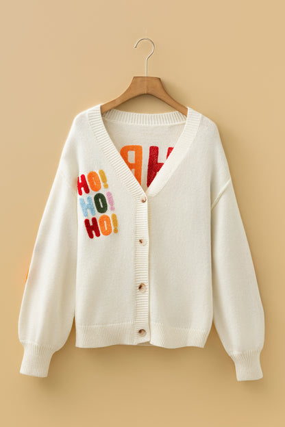 White Ho Ho Ho Slogan V Neck Button Front Embroidered Knit Cardigan