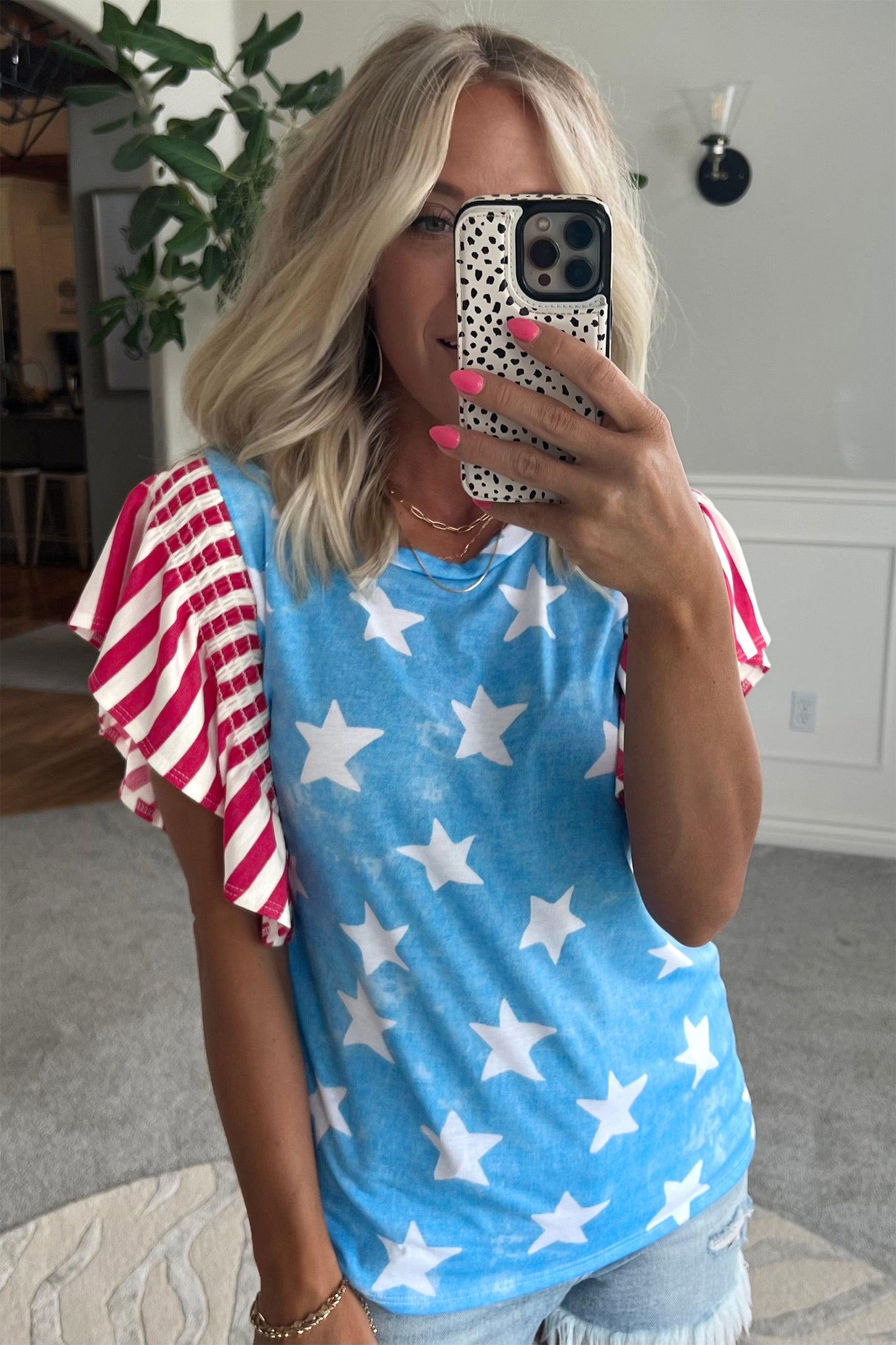 Sky Blue Vintage Star Print Striped Ruffle Sleeve Independence Day Top
