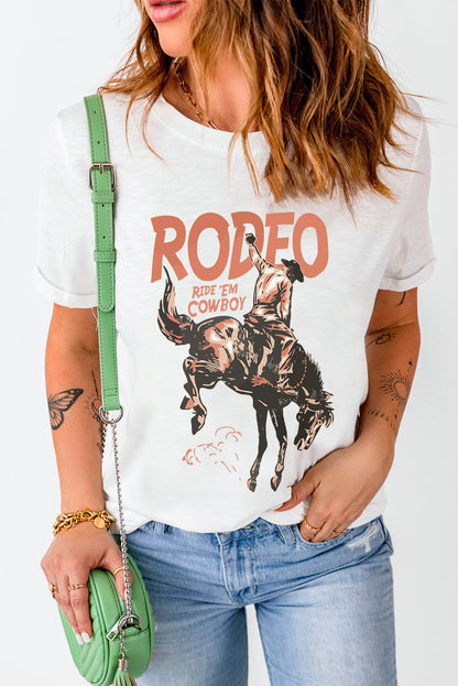 T-shirt blanc à col rond avec imprimé cowboy RODEO