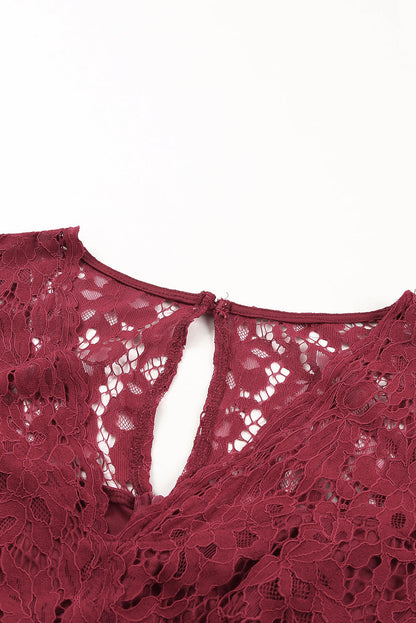 Lace Scalloped V Neck 3/4 Sleeves Pleated Tulle Plus Maxi Dress