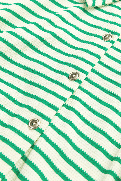 Green Stripe Textured Short Sleeve Collared Buttoned Waist Tie Romper