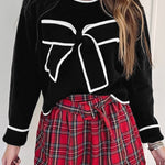 Black Contrast Trim Big Bow Accent Holiday Cropped Sweater