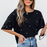 Black Pearl Beaded  Drop Shoulder Crewneck T Shirt