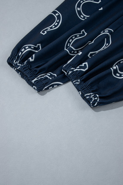 Blue Western Print Elastic Waist Pocket 2pcs Pant Set