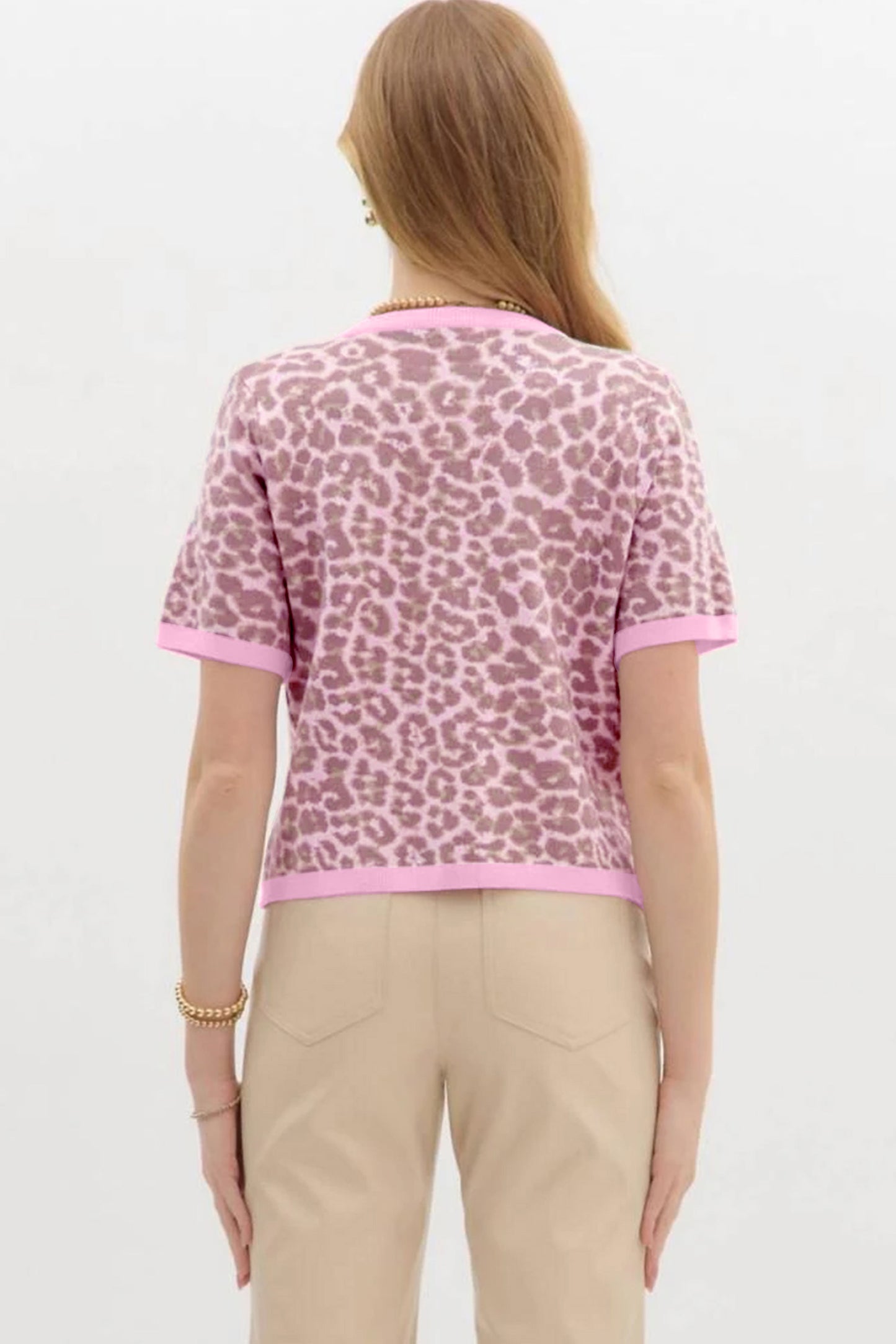 Pink Leopard Button Down Short Sleeve Sweater Cardigan