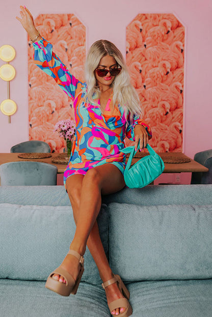 Multicolor Abstract Print Wrap V Neck Puff Sleeve Dress