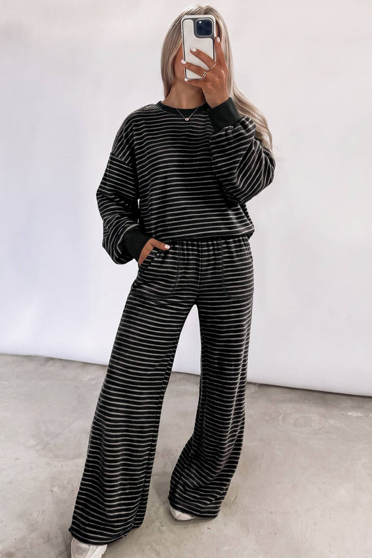 Black Stripe Cozy Terry Knit Long Sleeve Pullover Pocketed Shift Pants 2pcs Sets