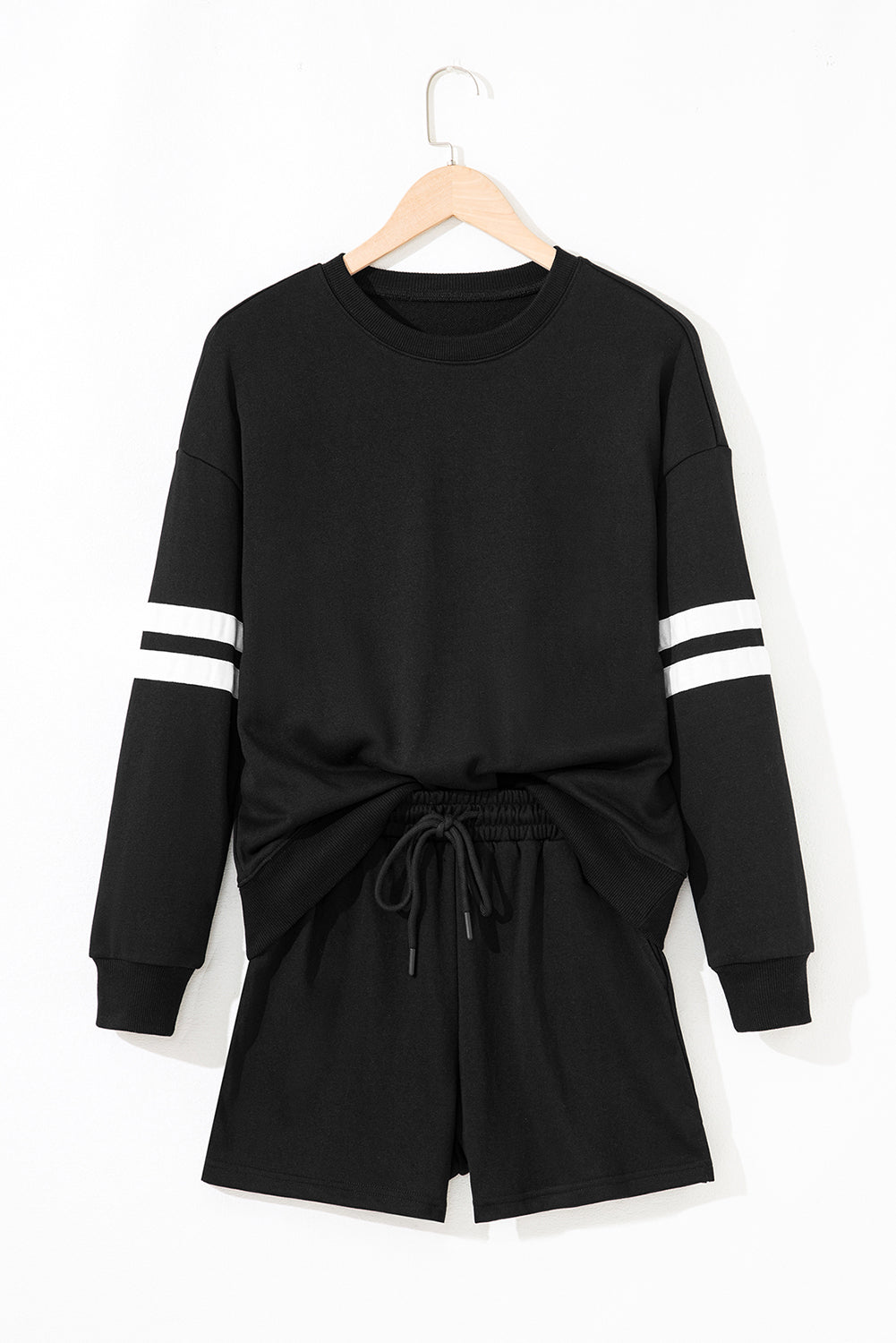 Black Varsity Striped Sleeve Drop Shoulder Sweatshirt and Short Set