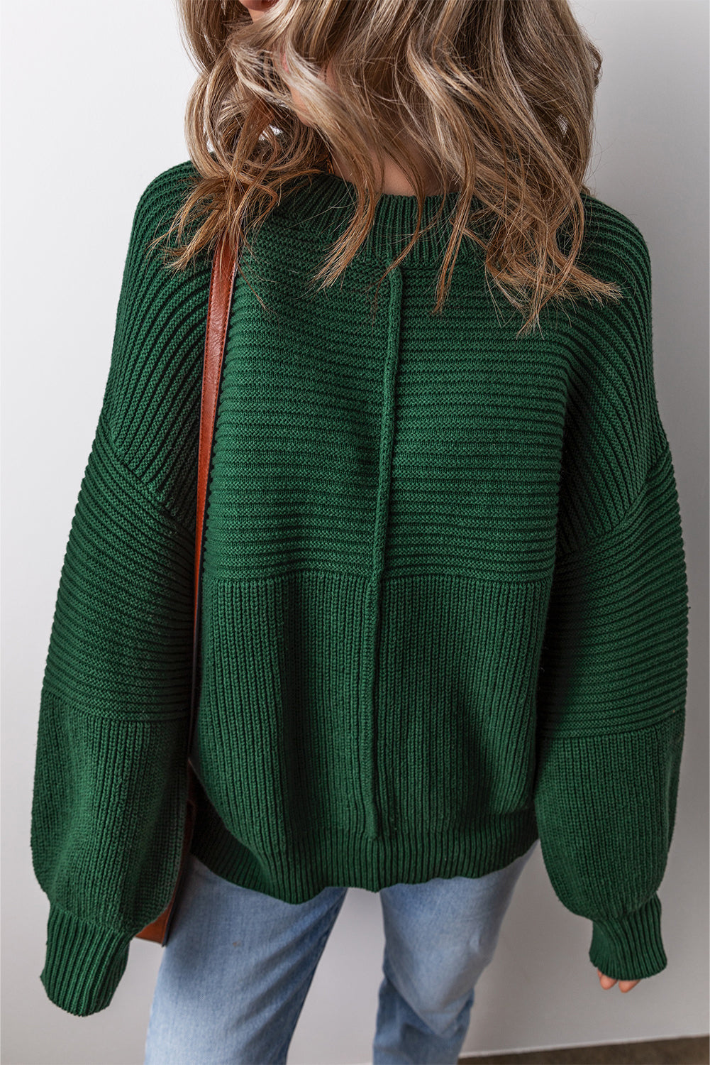 Pull ras du cou à manches lanternes en tricot texturé vert noirâtre