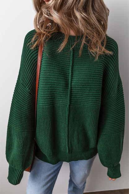 Pull ras du cou à manches lanternes en tricot texturé vert noirâtre