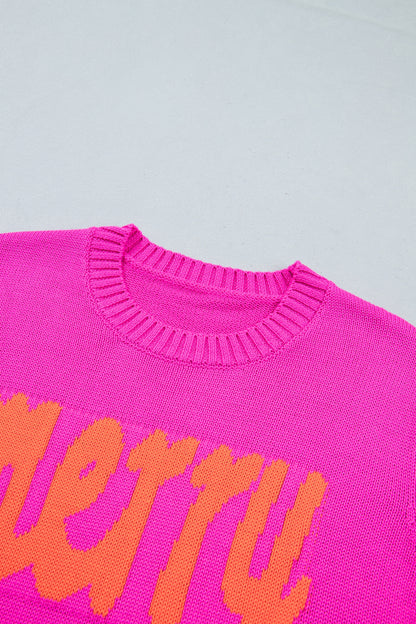 Rose Red Merry Print Ribbed Trim Round Neck Loose Fit Sweater