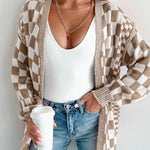 Brown Checkered Open Front Drop Shoulder Cardigan