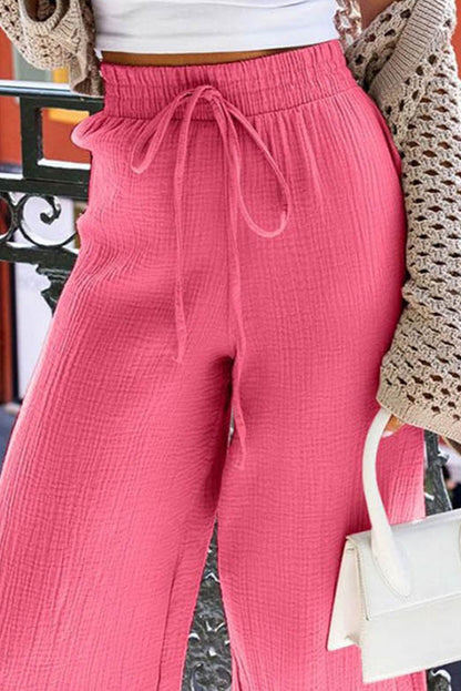 Pantalon taille haute texturé à jambes larges et cordon de serrage 
