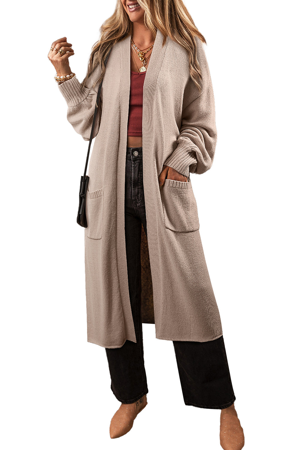 Cardigan long en maille beige ouvert sur le devant avec poches latérales