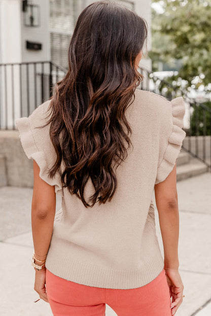 Pull à col montant et manches courtes à volants en maille torsadée Oatmeal Plus