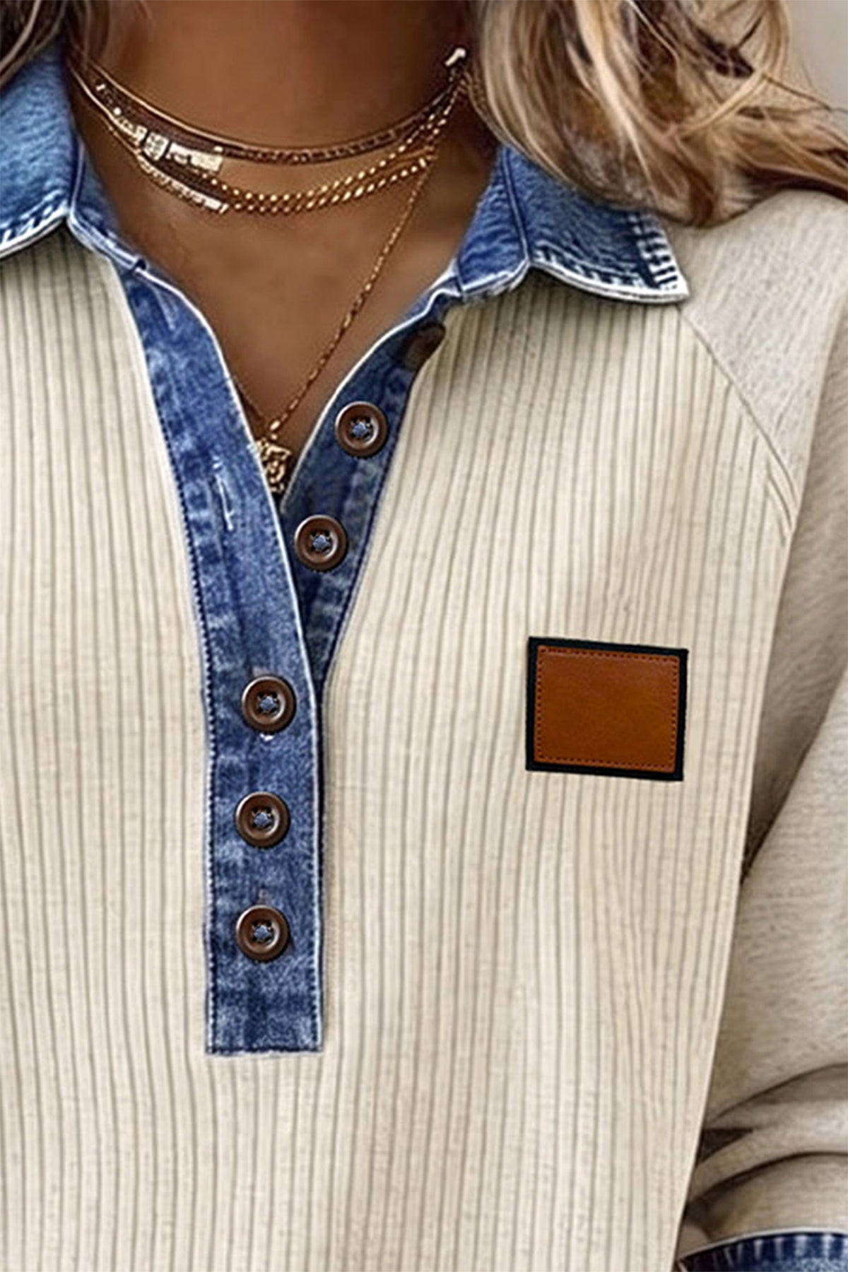 Light Grey Ribbed Denim Colorblock Detail Button Collar Long Sleeve Top