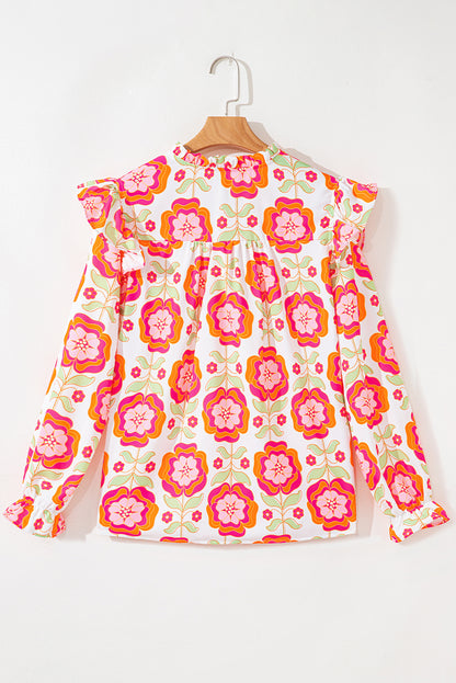 Rose Floral Printed Ruffled Long Sleeve Blouse