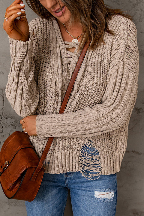 Lace Up V Neck Ripped Slouchy Sweater