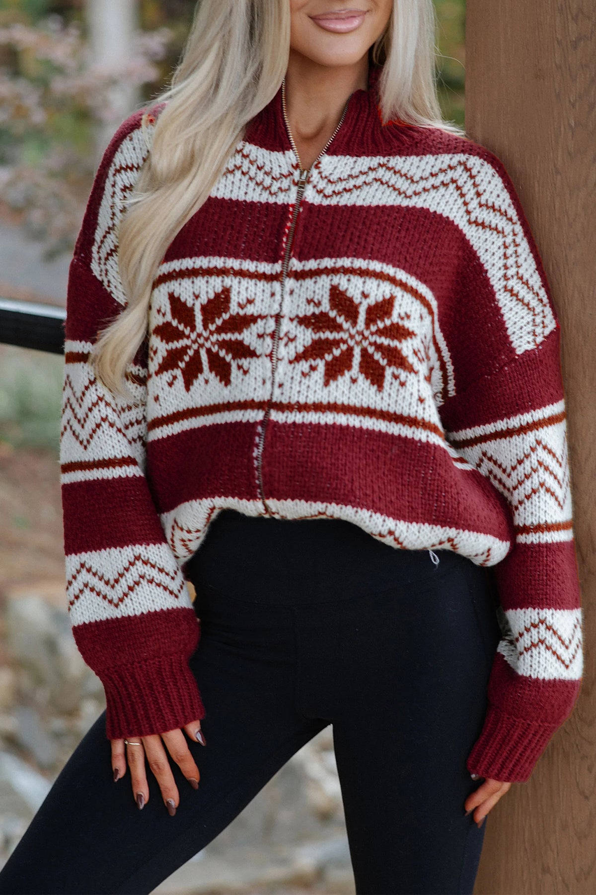 Red Geometric Pattern Zip-Up Knit Long Sleeve Regular Fit Cardigan