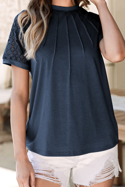 Navy Blue Seamed Detail Contrast Lace Raglan Sleeve Tee