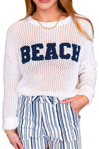 White Chenille BEACH Lettering Hollow Out Knit Casual Sweater