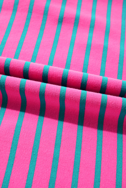 Robe t-shirt à rayures roses, col en V, manches bouffantes