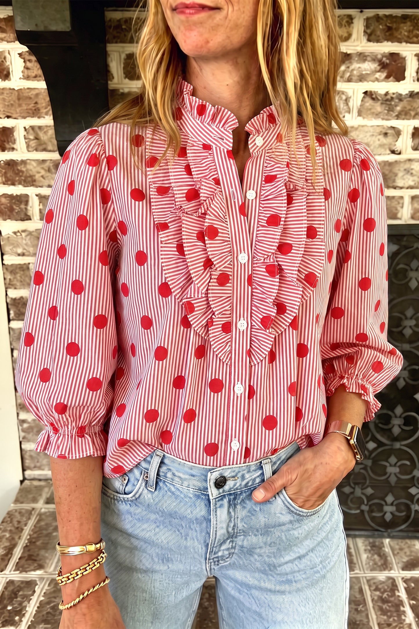 Fiery Red Polka Dot Striped Print Ruffle Stand Neck 3/4 Sleeve Shift Shirt