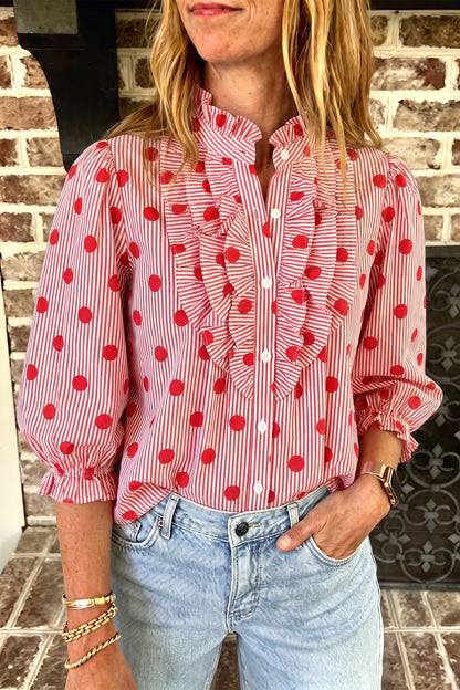 Fiery Red Polka Dot Striped Print Ruffle Stand Neck 3/4 Sleeve Shift Shirt